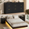 4-Piece Bedroom Set for Adult, Fluted Queen Floating LED Bed Frame with 2 Nightstands and Fluted 9 Drawer Dressers,Black Queen,9+4 Drawers