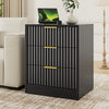3-Piece Modern Bedroom Set - 9 Drawer Wide Dresser & Nightstands Set of 2 with Fluted Design, Anti-Tip Safety Black Natural Wood Storage Furniture for Bedroom,Hallway 9+6,Black