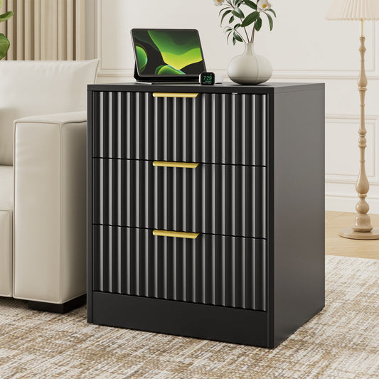 3-Piece Modern Bedroom Set - 9 Drawer Wide Dresser & Nightstands Set of 2 with Fluted Design, Anti-Tip Safety Black Natural Wood Storage Furniture for Bedroom,Hallway 9+6,Black