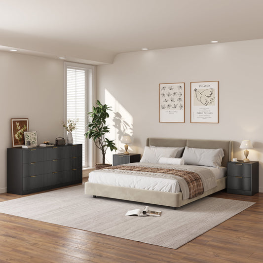 3-Piece Modern Bedroom Set - 9 Drawer Wide Dresser & Nightstands Set of 2 with Fluted Design, Anti-Tip Safety Black Natural Wood Storage Furniture for Bedroom,Hallway 9+4,Black