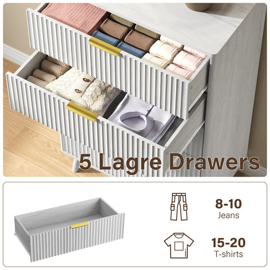 5-Drawer Tall Dresser for Adults with Metal Handle,Fluted Dresser Modern Storage Cabinet for Home Office Living Room,White