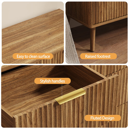 Fluted 7 Drawers Dresser, 55.1" Wide Modern Chest of Drawers with Wood Foot, Dresser TV Stand Up to 65 Inch TV, Wood Drawer Organizer for Bedroom, Living Room, Hallway - Brown