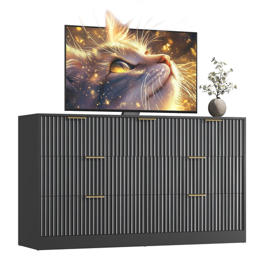 55.1" W Fluted 7 Drawer Dresser for Adult,Wooden Bedroom Dresser,Dresser TV Stand up to 65" for Living Room,Black