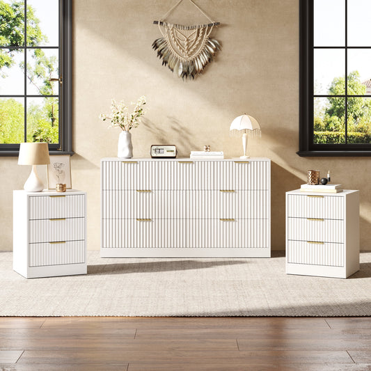 3-Piece Modern Bedroom Set - 7 Drawer Wide Dresser & Nightstands Set of 2 with Fluted Design, Anti-Tip Safety White Natural Wood Storage Furniture for Bedroom,Hallway 7+6,White