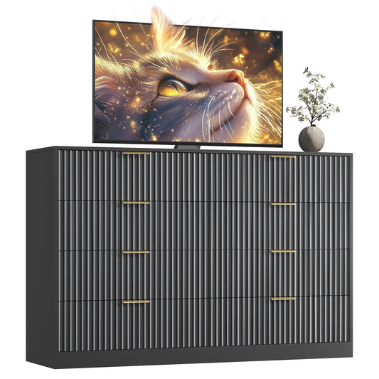 55.1" W Fluted 8 Drawer Dresser for Adult,Wooden Bedroom Dresser,Dresser TV Stand up to 65" for Living Room,Black
