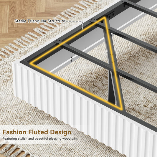 King Bed Frame with RGB LED Lights,Floating Bed with Fluted Design;Heavy Duty Steel, Modern Metal Bed Frame,White