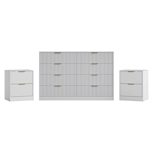 3-Piece Modern Bedroom Set - 8 Drawer Wide Dresser & Nightstands Set of 2 with Fluted Design, Anti-Tip Safety White Natural Wood Storage Furniture for Bedroom,Hallway 8+4,White