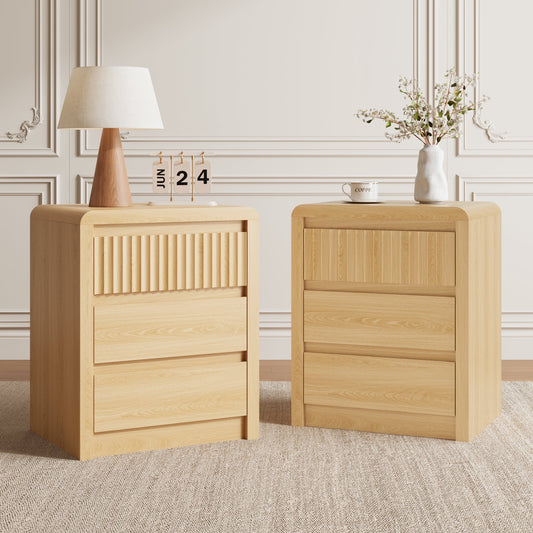 ASTUVIA 3-Tiers Fluted Nightstands Set of 2 for Bedroom, 24.4" H Modern End Table with Curved Profile Design,Brown