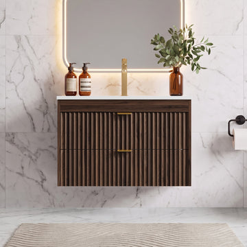 ASTUVIA 30" Modern Fluted Bathroom Vanity with Sink, Wall Mounted Floating Cabinets with Double Drawers, Resin Sink Combo Set with Golden Handle,Brown