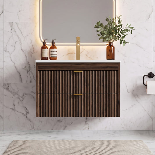 ASTUVIA 30" Modern Fluted Bathroom Vanity with Sink, Wall Mounted Floating Cabinets with Double Drawers, Resin Sink Combo Set with Golden Handle,Brown