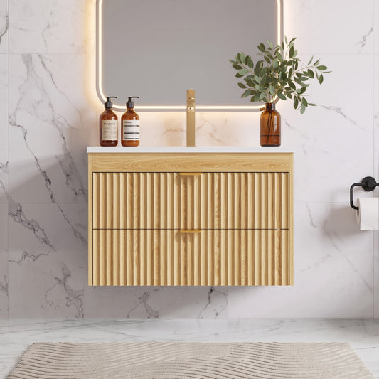 ASTUVIA 30" Modern Fluted Bathroom Vanity with Sink, Wall Mounted Floating Cabinets with Double Drawers, Resin Sink Combo Set with Golden Handle,Natural