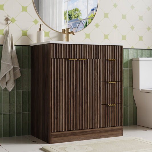 30" Fluted Bathroom Vanity Cabinet with 3 Drawers,Bathroom Vanity with Sink and Soft-Close Doors,Freestanding Small Bathroom Sink Cabinet,Brown