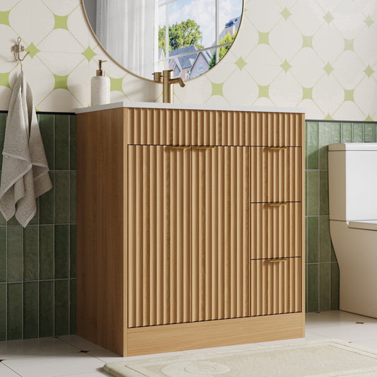 30" Fluted Bathroom Vanity Cabinet with 3 Drawers,Bathroom Vanity with Sink and Soft-Close Doors,Freestanding Small Bathroom Sink Cabinet,OAK
