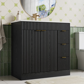 35.4" Fluted Bathroom Vanity Cabinet with 3 Drawers,Bathroom Vanity with Sink and Soft-Close Doors,Freestanding Small Bathroom Sink Cabinet,Black