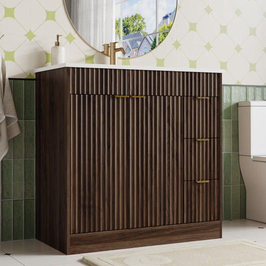 35.4" Fluted Bathroom Vanity Cabinet with 3 Drawers,Bathroom Vanity with Sink and Soft-Close Doors,Freestanding Small Bathroom Sink Cabinet,Brown