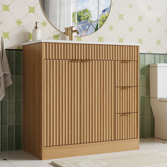 35.4" Fluted Bathroom Vanity Cabinet with 3 Drawers,Bathroom Vanity with Sink and Soft-Close Doors,Freestanding Small Bathroom Sink Cabinet,OAK