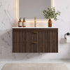 ASTUVIA 35.4" Modern Fluted Bathroom Vanity with Sink, Wall Mounted Floating Cabinets with Double Drawers, Resin Sink Combo Set with Golden Handle,Brown