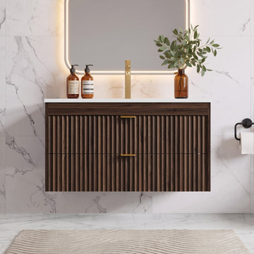 ASTUVIA 35.4" Modern Fluted Bathroom Vanity with Sink, Wall Mounted Floating Cabinets with Double Drawers, Resin Sink Combo Set with Golden Handle,Brown