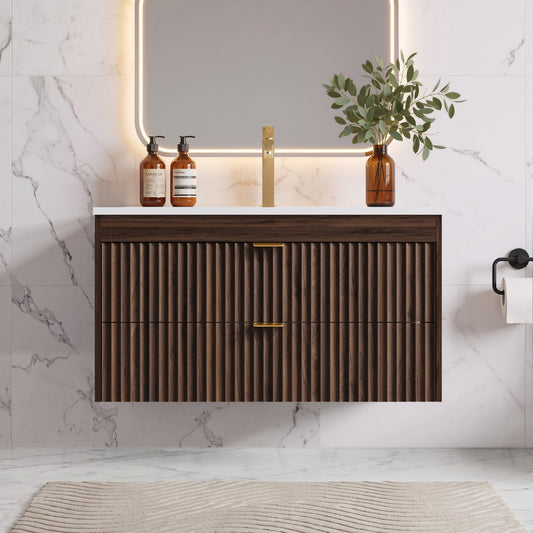 ASTUVIA 35.4" Modern Fluted Bathroom Vanity with Sink, Wall Mounted Floating Cabinets with Double Drawers, Resin Sink Combo Set with Golden Handle,Brown