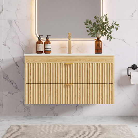 ASTUVIA 35.4" Modern Fluted Bathroom Vanity with Sink, Wall Mounted Floating Cabinets with Double Drawers, Resin Sink Combo Set with Golden Handle,Natural