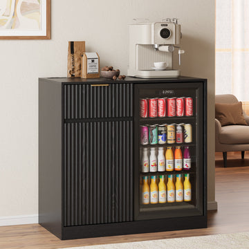 39.4" Mini Fridge Cabinet with Power Outlet,Fluted Coffee Bar Cabinet with Mini Fridge Space,Buffet Sideboard with Drawers,Black