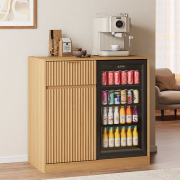 39.4" Mini Fridge Cabinet with Power Outlet,Fluted Coffee Bar Cabinet with Mini Fridge Space,Buffet Sideboard with Drawers,Natural