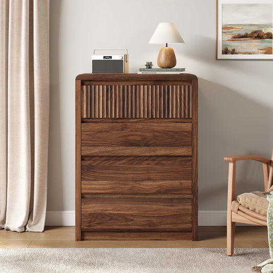 4 Drawers Dresser for Bedroom, 40" Tall Chest of Drawers with Curved Profile Design, Mid Century Fluted Storage Dressers Organizer,Brown