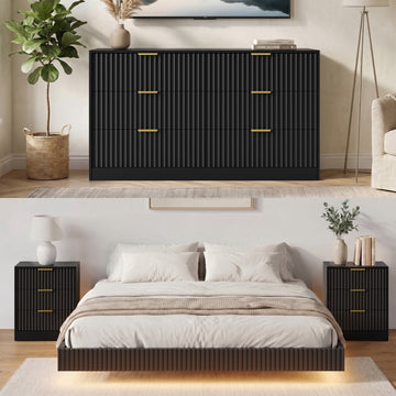 4-Piece Bedroom Set for Adult, Fluted King Floating LED Bed Frame with 2 Nightstands and Fluted 6 Drawer Dressers,Black King,6+6 Drawers,Black