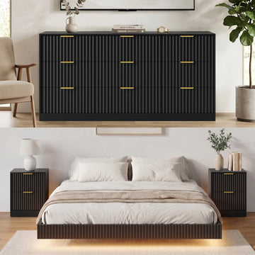 4-Piece Bedroom Set for Adult, Fluted King Floating LED Bed Frame with 2 Nightstands and Fluted 9 Drawer Dressers,Black King,9+4 Drawers