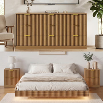 4-Piece Bedroom Set for Adult, Fluted King Floating LED Bed Frame with 2 Nightstands and Fluted 9 Drawer Dressers,Light Walnut King,9+4 Drawers