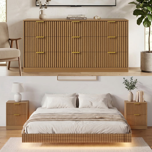 4-Piece Bedroom Set for Adult, Fluted King Floating LED Bed Frame with 2 Nightstands and Fluted 9 Drawer Dressers,Light Walnut King,9+4 Drawers