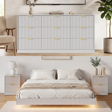 4-Piece Bedroom Set for Adult, Fluted King Floating LED Bed Frame with 2 Nightstands and Fluted 9 Drawer Dressers,White King,9+4 Drawers,White