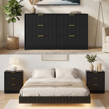 4-Piece Bedroom Set for Adult, Fluted Queen Floating LED Bed Frame with 2 Nightstands and Fluted 6 Drawer Dressers,Black Queen,6+6 Drawers