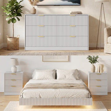 4-Piece Bedroom Set for Adult, Fluted Queen Floating LED Bed Frame with 2 Nightstands and Fluted 6 Drawer Dressers,White Queen,6+6 Drawers