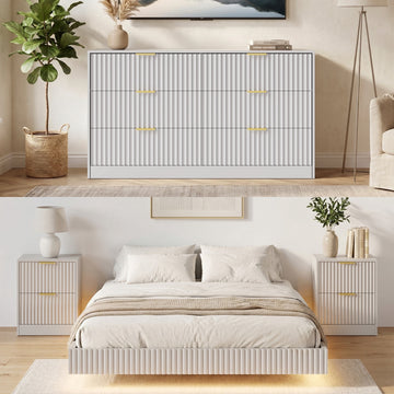 4-Piece Bedroom Set for Adult, Fluted Queen Floating LED Bed Frame with 2 Nightstands and Fluted 6 Drawer Dressers,White Queen,6+4 Drawers