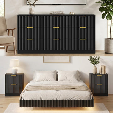 4-Piece Bedroom Set for Adult, Fluted Queen Floating LED Bed Frame with 2 Nightstands and Fluted 9 Drawer Dressers,Black Queen,9+4 Drawers