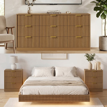 4-Piece Bedroom Set for Adult, Fluted Queen Floating LED Bed Frame with 2 Nightstands and Fluted 9 Drawer Dressers,Light Walnut Queen,9+6 Drawers