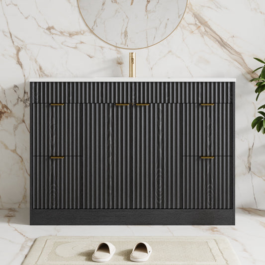 48" Fluted Bathroom Vanity Cabinet with 4 Drawers,Bathroom Vanity with Sink and Soft-Close Doors,Freestanding Bathroom Sink Cabinet,Black