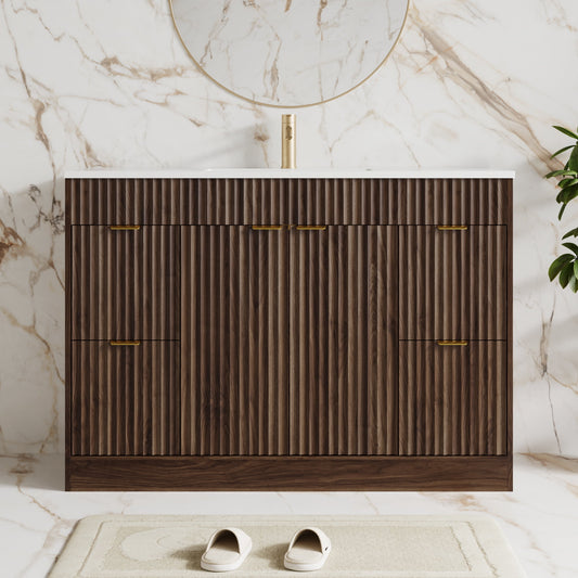 48" Fluted Bathroom Vanity Cabinet with 4 Drawers,Bathroom Vanity with Sink and Soft-Close Doors,Freestanding Bathroom Sink Cabinet,Brown