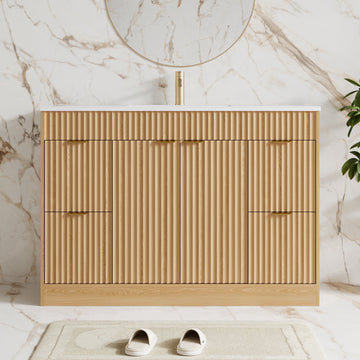 48" Fluted Bathroom Vanity Cabinet with 4 Drawers,Bathroom Vanity with Sink and Soft-Close Doors,Freestanding Bathroom Sink Cabinet,OAK