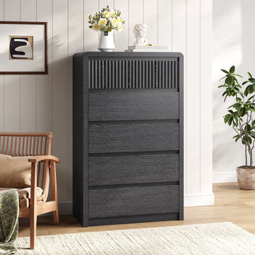 5 Drawers Dresser for Bedroom, 48.4" Tall Chest of Drawers with Curved Profile Design, Mid Century Fluted Storage Dressers Organizer,Black
