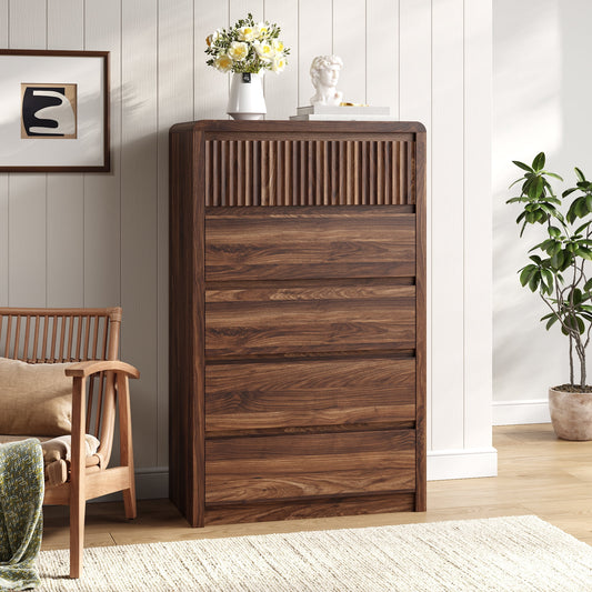 5 Drawers Dresser for Bedroom, 48.4" Tall Chest of Drawers with Curved Profile Design, Mid Century Fluted Storage Dressers Organizer,Brown