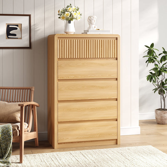 5 Drawers Dresser for Bedroom, 48.4" Tall Chest of Drawers with Curved Profile Design, Mid Century Fluted Storage Dressers Organizer,Natural