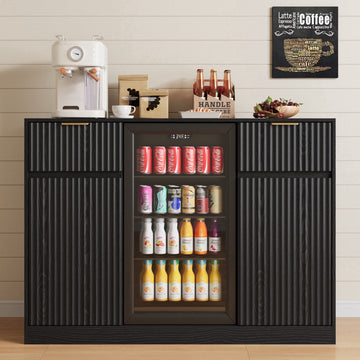 53" Mini Fridge Cabinet with Power Outlet,Fluted Coffee Bar Cabinet with Mini Fridge Space,Buffet Sideboard with Drawers,Black