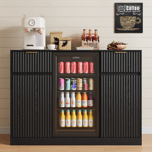 53" Mini Fridge Cabinet with Power Outlet,Fluted Coffee Bar Cabinet with Mini Fridge Space,Buffet Sideboard with Drawers,Black