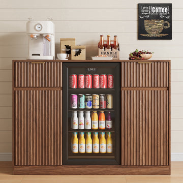 53" Mini Fridge Cabinet with Power Outlet,Fluted Coffee Bar Cabinet with Mini Fridge Space,Buffet Sideboard with Drawers,Brown