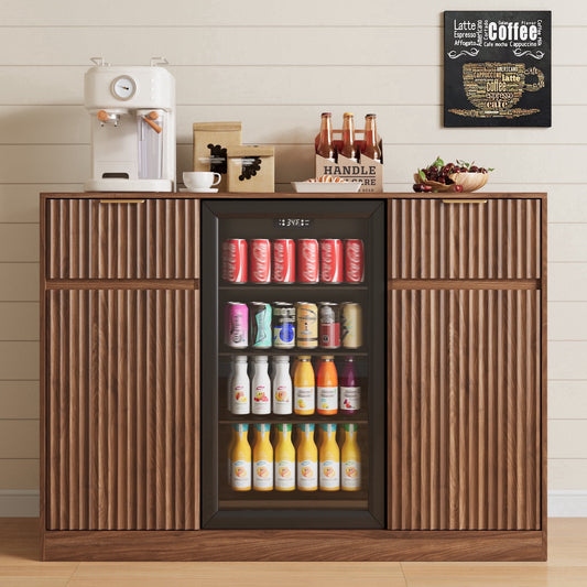 53" Mini Fridge Cabinet with Power Outlet,Fluted Coffee Bar Cabinet with Mini Fridge Space,Buffet Sideboard with Drawers,Brown