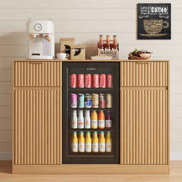 53" Mini Fridge Cabinet with Power Outlet,Fluted Coffee Bar Cabinet with Mini Fridge Space,Buffet Sideboard with Drawers,Natural
