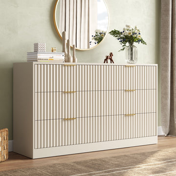 55.1" W Fluted 6 Drawer Dresser for Adult,Wooden Bedroom Dresser,Dresser TV Stand up to 65" for Living Room,Beige