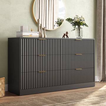 55.1" W Fluted 6 Drawer Dresser for Adult,Wooden Bedroom Dresser,Dresser TV Stand up to 65" for Living Room,Black